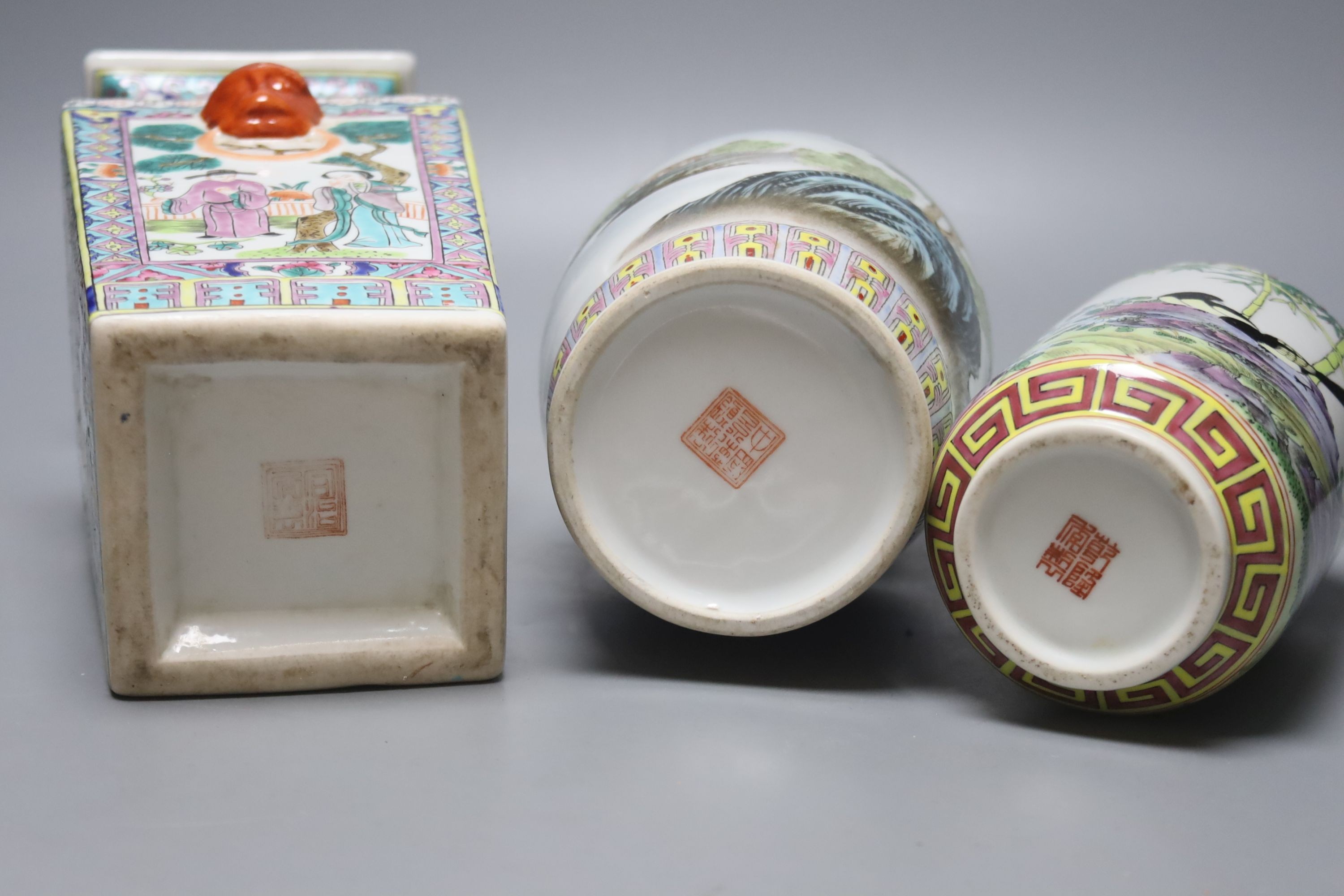 Three Chinese monochrome vases and three famille rose vases (6), tallest vase 30 cms.